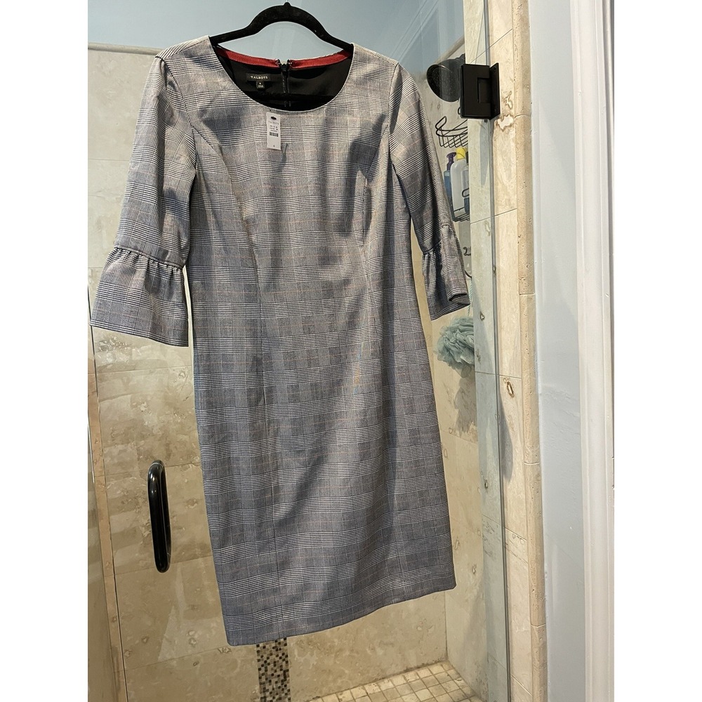 Talbots Bell Sleeve Gala Glen Plaid Red Black Sheath Dress 6 NWT